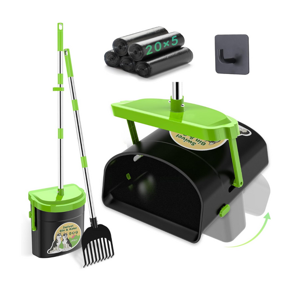 Pooper Scooper Swivel Bin & Rake With 100 Waste Bags