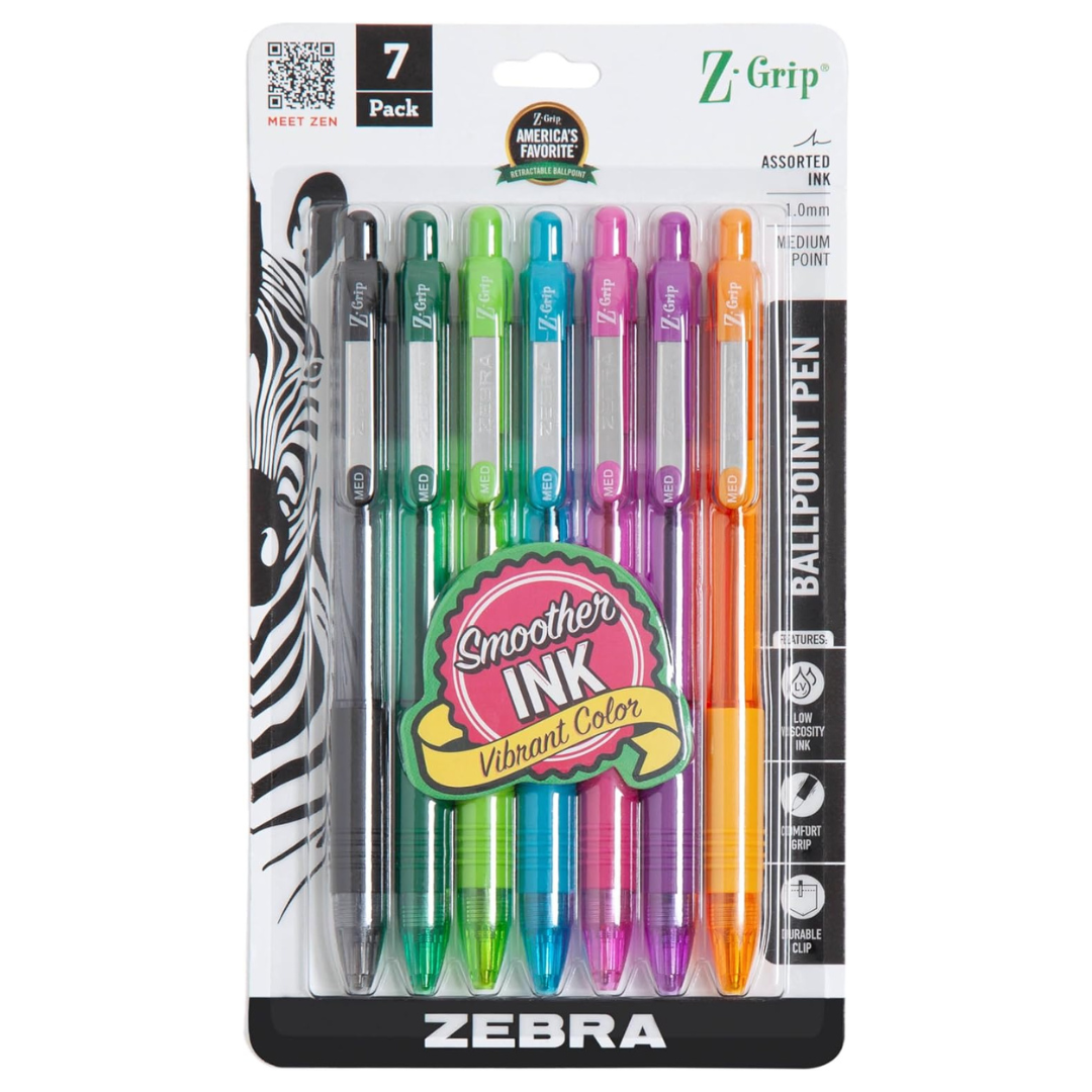 Zebra Pen Z-Grip Retractable Ballpoint Pens, Medium Point, 1.0mm, Assorted Fashion Colors (7-Pack)