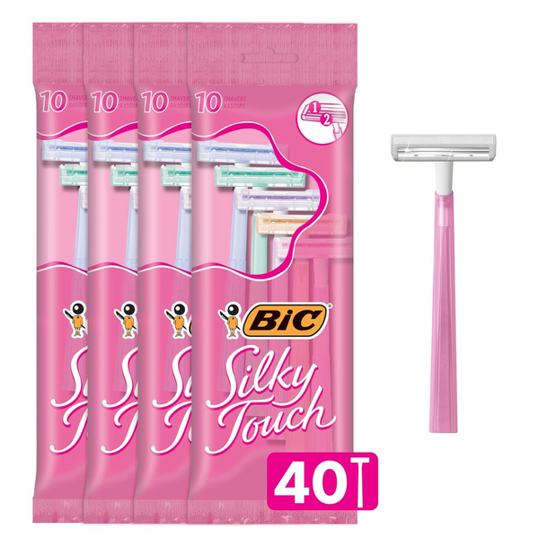 BIC Silky Touch Women’s Disposable Razors, With 2 Blades, Pretty Pastel Razor Handles (40 Count Value Pack)