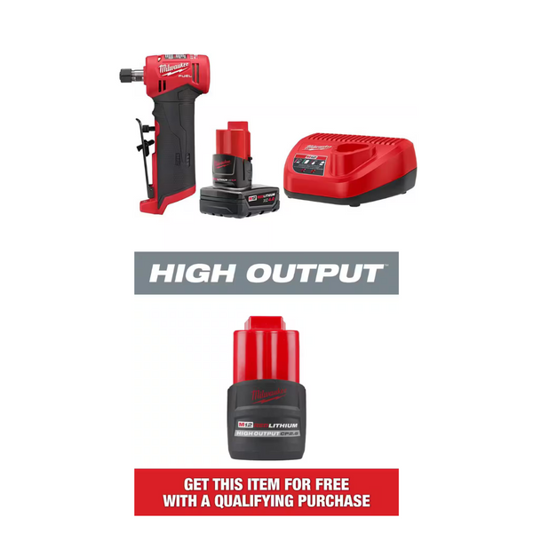 Milwaukee M12 FUEL Cordless 1/4" Right Angle Die Grinder With 4Ah Battery Kit + 2.5Ah Battery