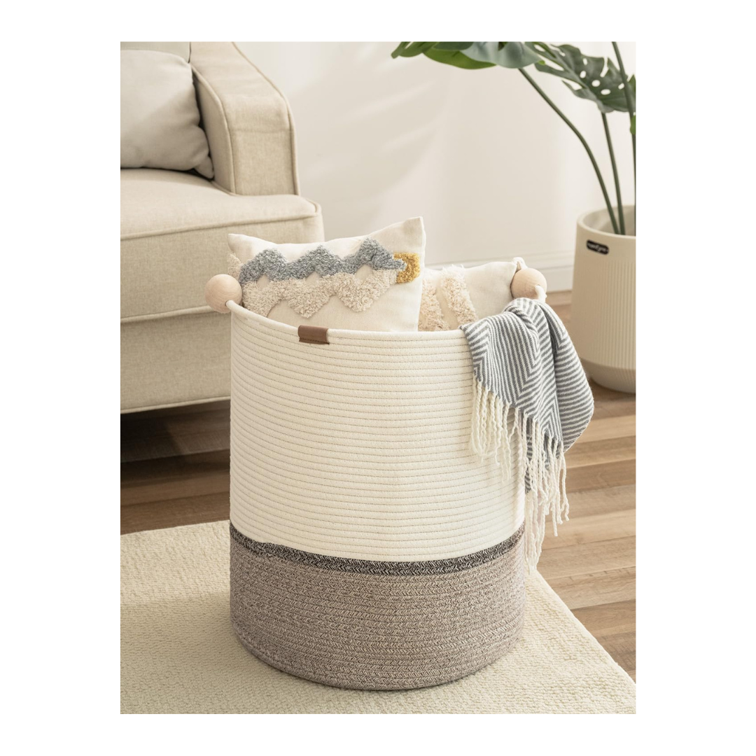 Woven 58L Cotton Rope Laundry Basket With Wooden Beads Handles