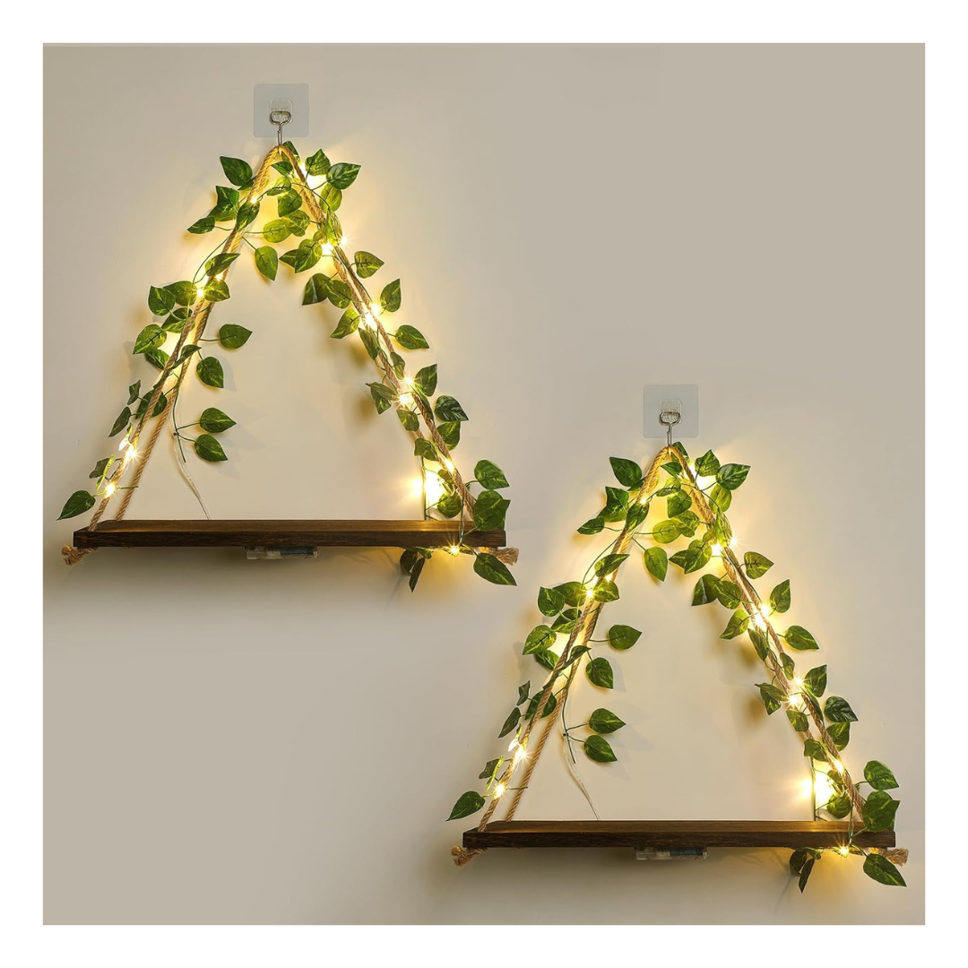 Set Of 2 Plant Wall Floating Shelves (Green Leaf)