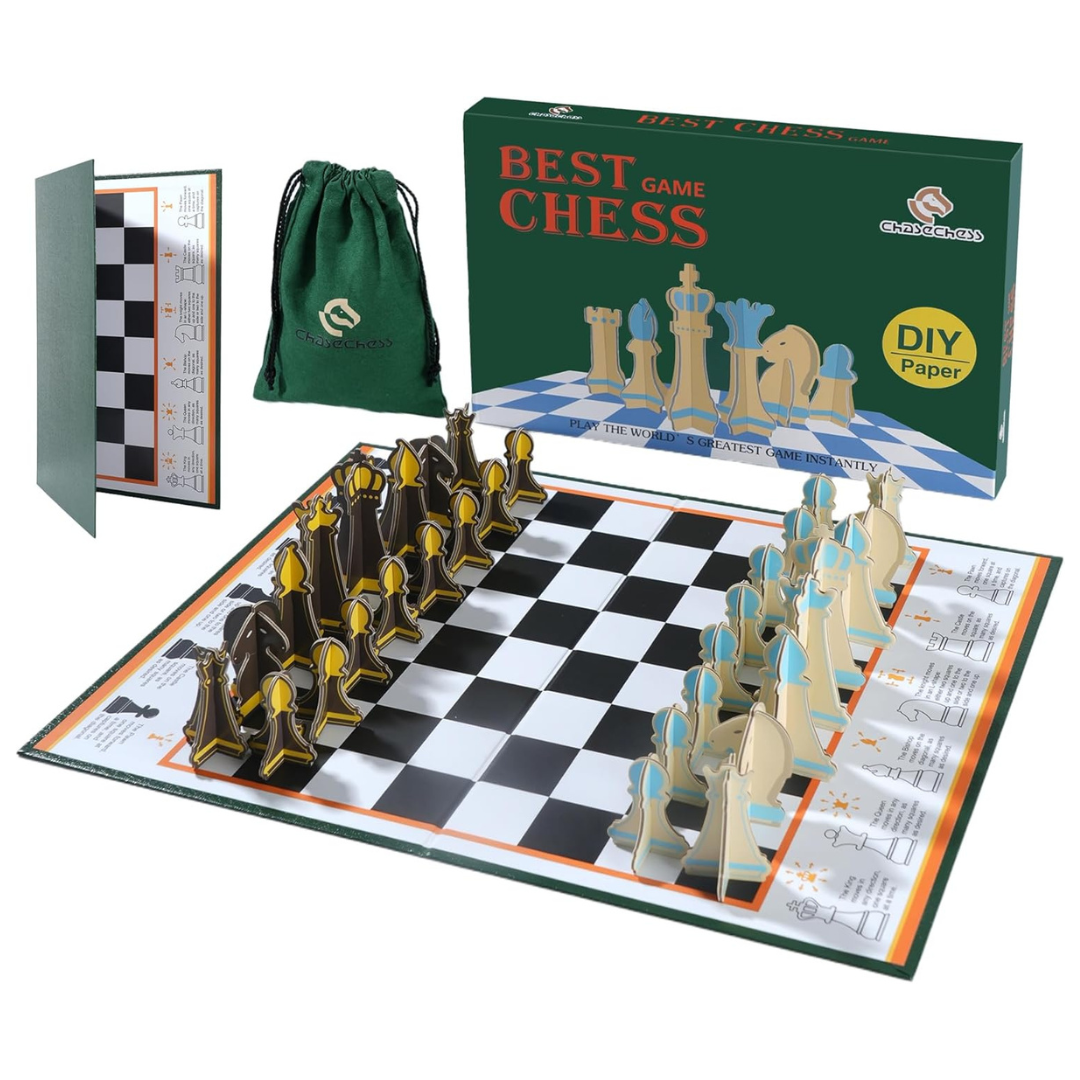 Ultra-Thin Folding Chess Game with Interlocking Pieces & Storage Slots