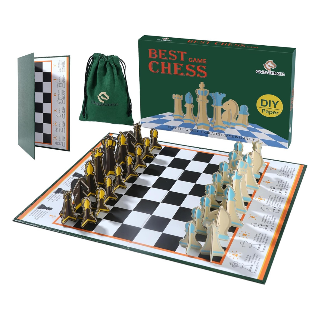 Ultra-Thin Folding Chess Game With Interlocking Pieces & Storage Slots