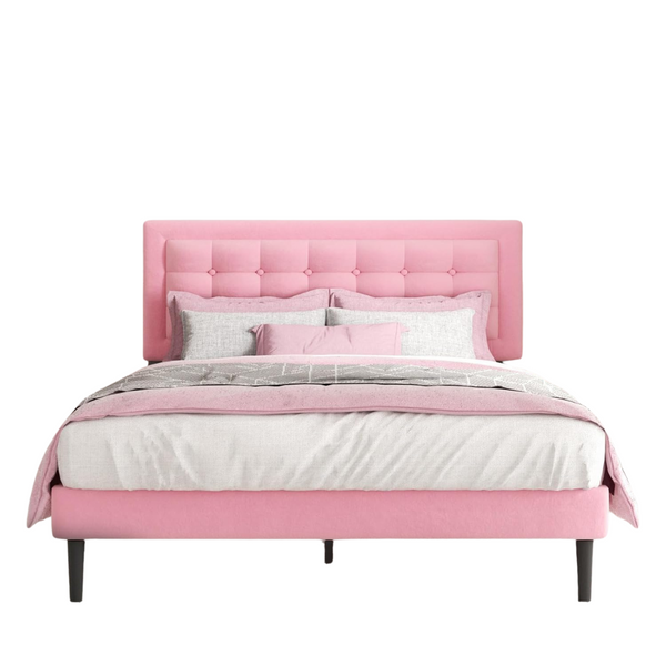 Full Size Platform Bed Frame With Velvet Upholstered Headboard