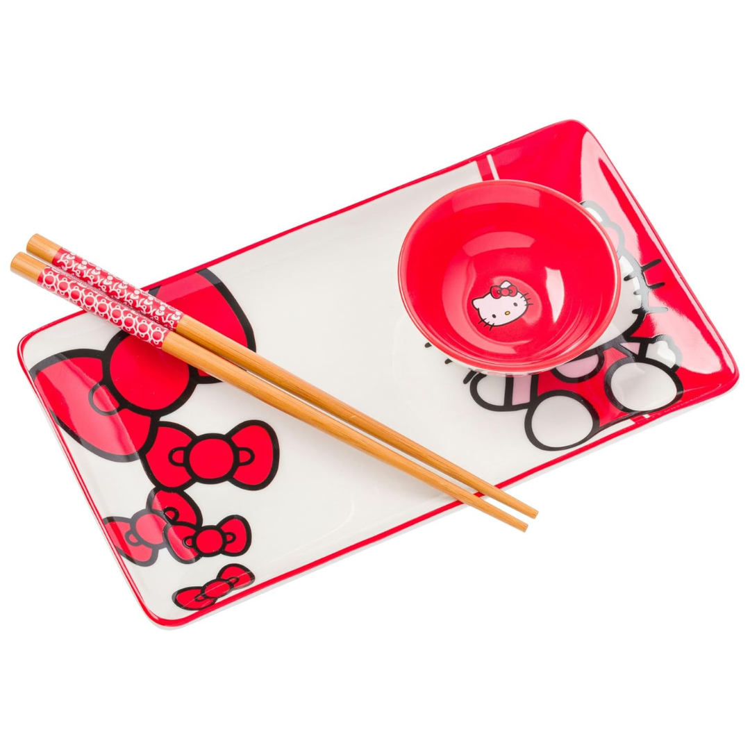 Silver Buffalo Sanrio Hello Kitty Red and White Bow Ceramic Sushi Set