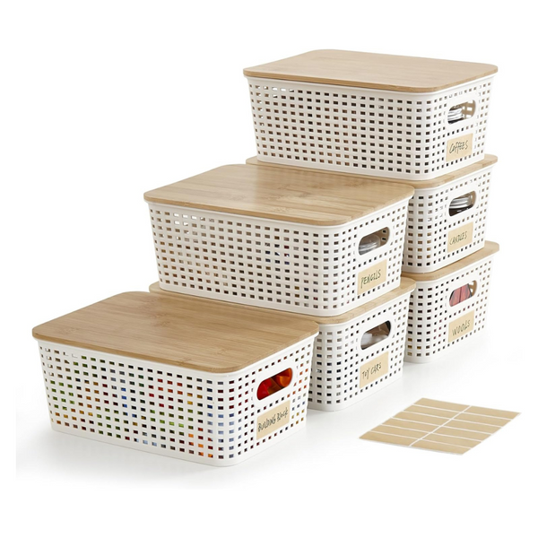 6-Pack 5.2 QT Small Plastic Storage Bins With Bamboo Lids