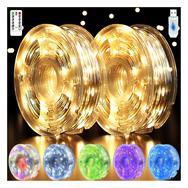 2-Pack 33ft 100-LED Waterproof USB Fairy String Lights