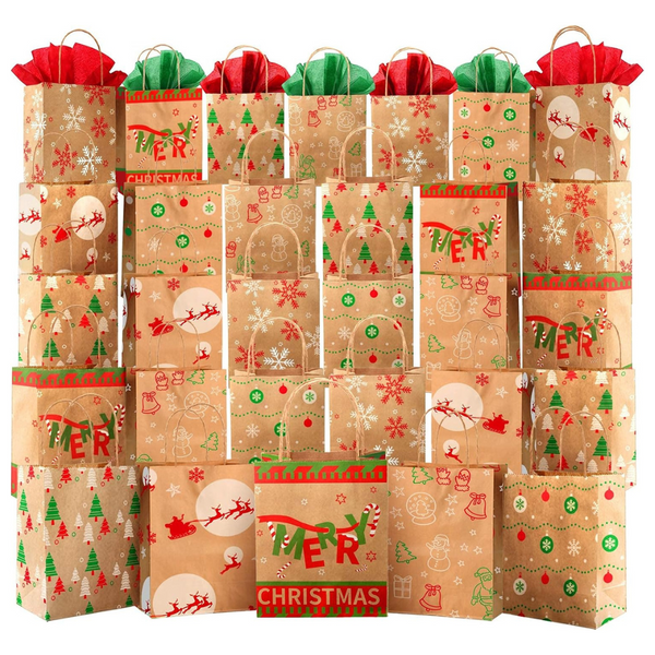 30-Pack of 7.5" x 9" x 3.5" Durable Christmas Gift Bags W/ Tissue Paper