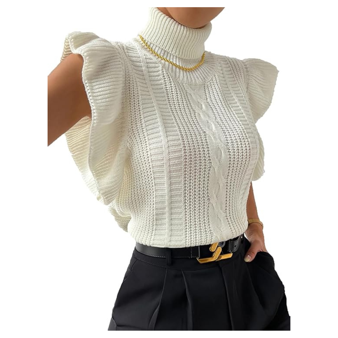 Women Turtle Neck Ruffle Trim Cap Sleeve Sweater