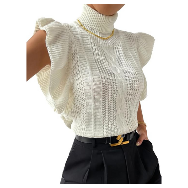 Women Turtle Neck Ruffle Trim Cap Sleeve Sweater