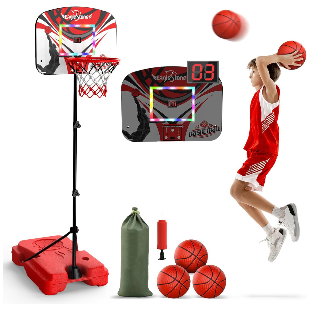 Eaglestone Kid Basketball Hoop With LED Lights & Scoreboard, Adjustable Height 2.9Ft-6Ft