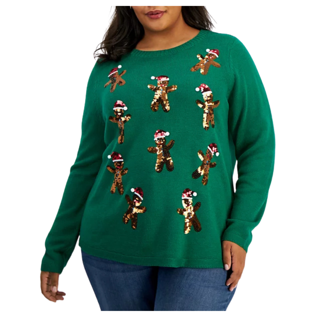 Holiday Lane Plus Size Sequined Gingerbread Santa Sweater