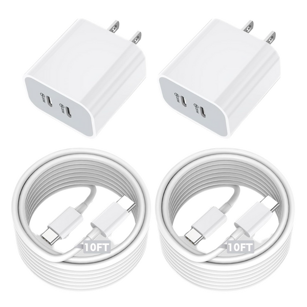 2-Pack Dual Port USB-C Wall Charger W/ 10ft USB-C To C Charging Cable