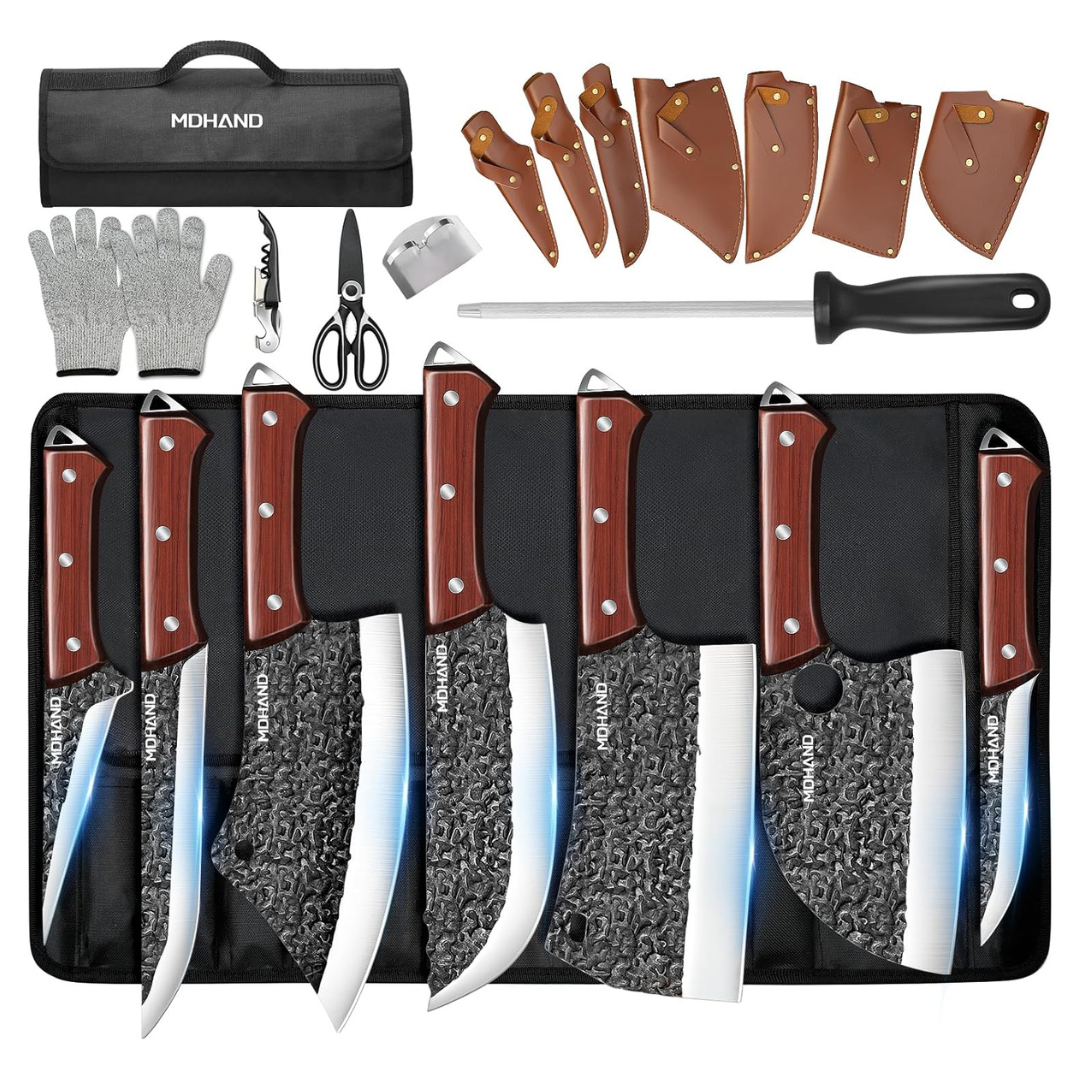 14-Piece Hammer Pattern Butcher Hand Forged Steel Knife Set