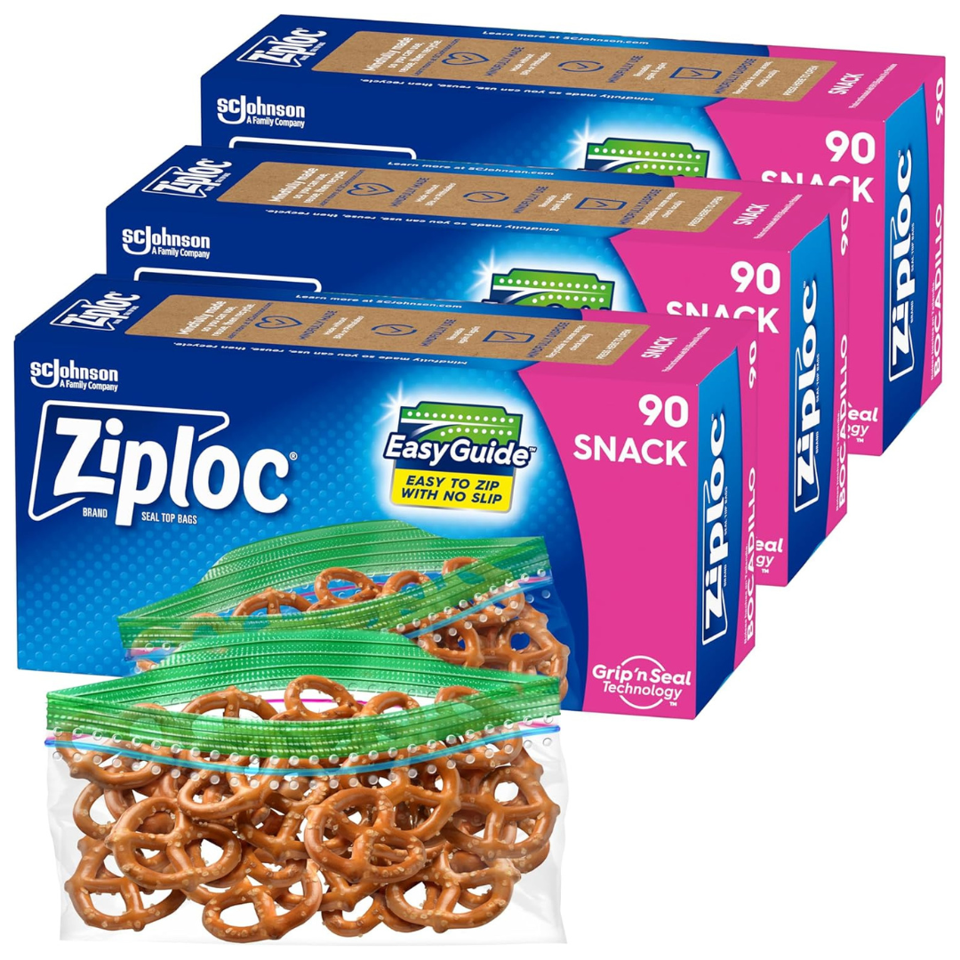 Ziploc Snack Bags With EasyGuide Texture, Small Plastic Storage Bags With Grip ‘N Seal Technology (270 Bags Total)