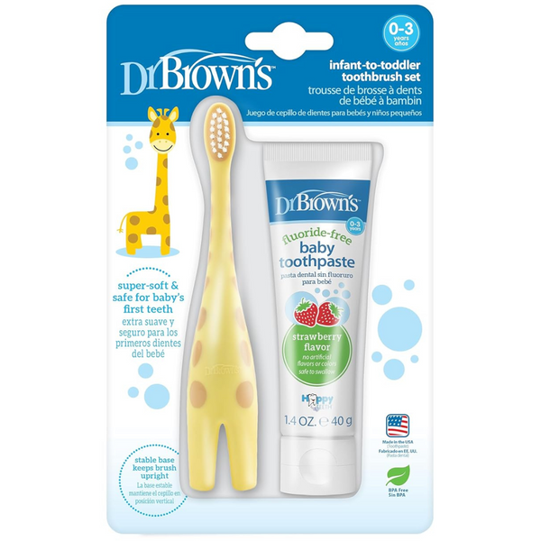 Dr. Brown’s Infant-To-Toddler Training Toothbrush Set With Fluoride-Free Baby Toothpaste, Strawberry