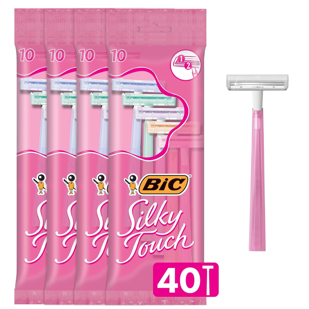 BIC Silky Touch Women’s Disposable Razors, With 2 Blades, Pretty Pastel Razor Handles (40 Count Value Pack)