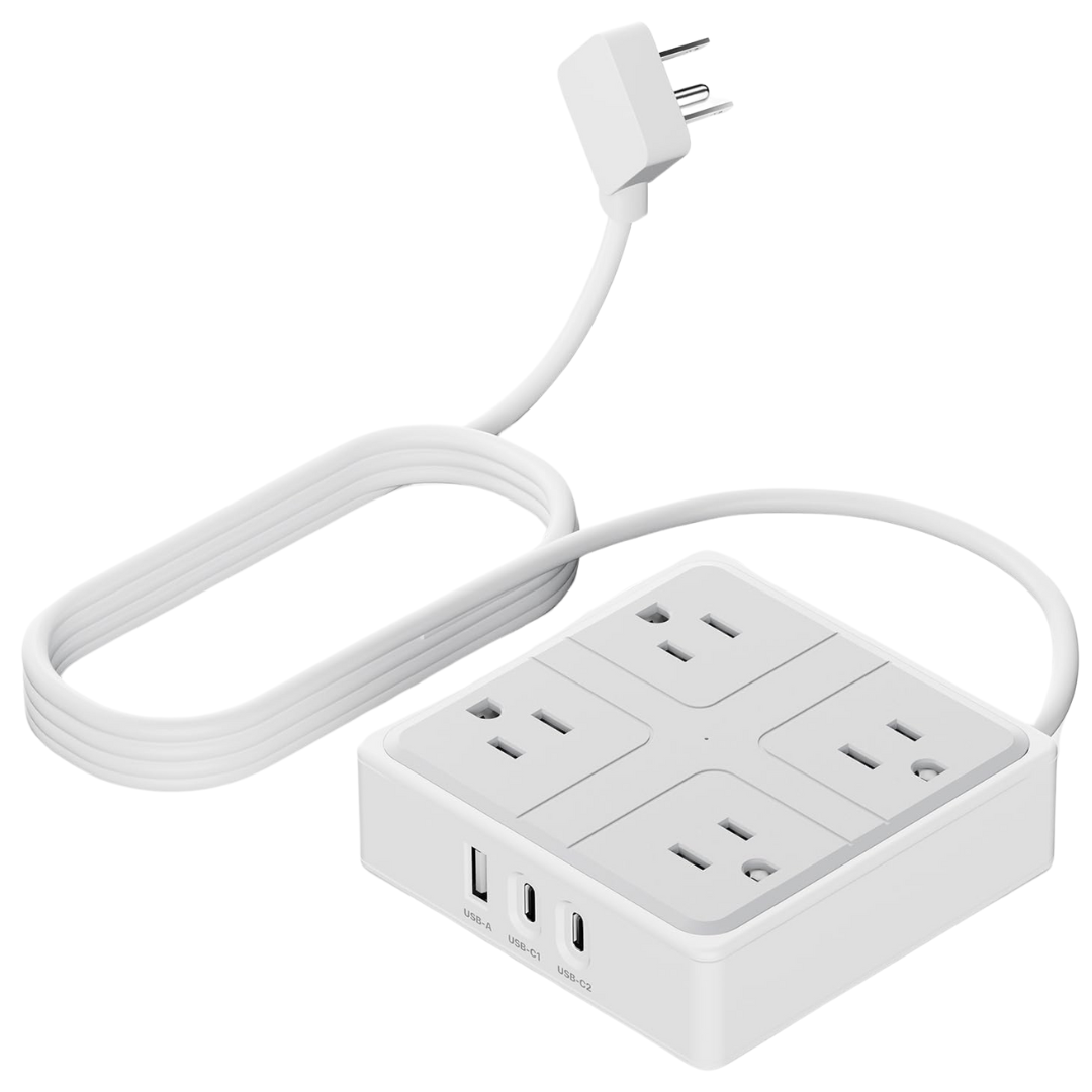 4-Outlets 3-USB Ports 4Ft Flat Plug Round Extension Cord