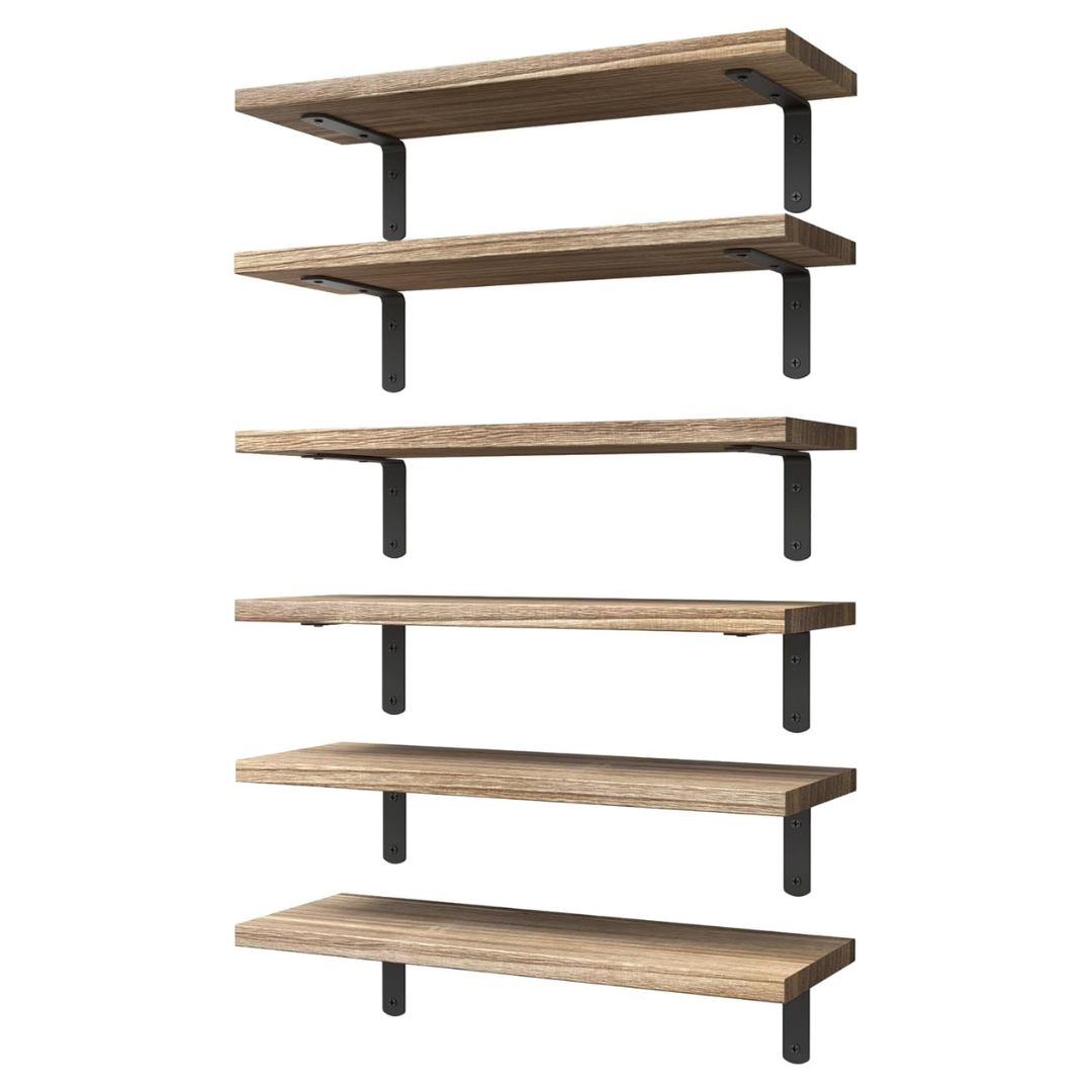 Set Of 6 Wood Floating Shelves For Wall Decor (Rustic Brown)