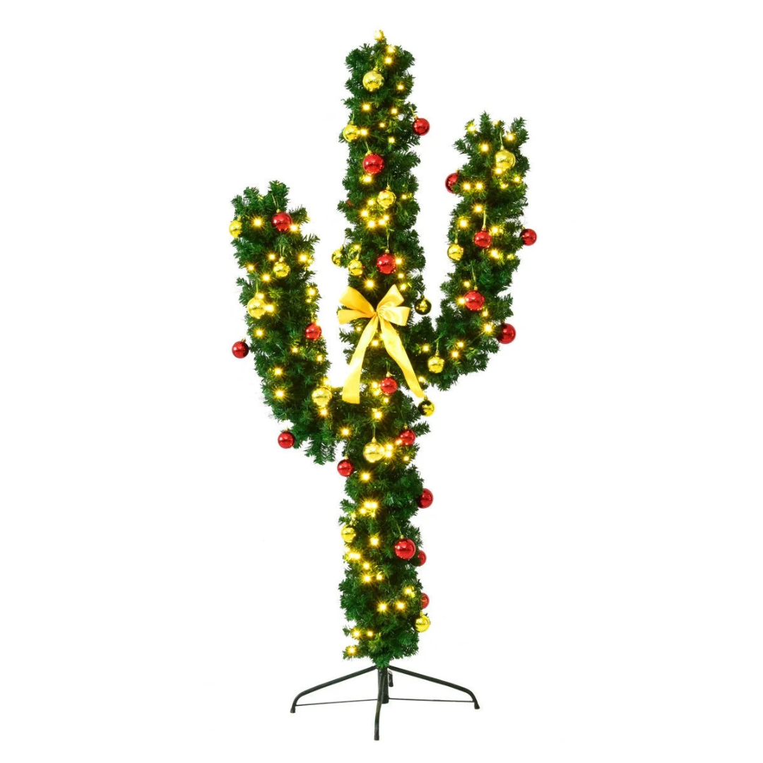 Costway 6Ft Pre-Lit Cactus Christmas Tree LED Lights Ball Ornaments