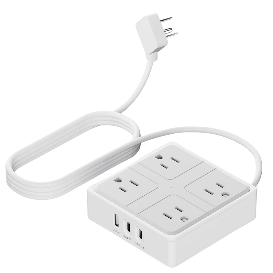 4-Outlets 3-USB Ports 4ft Flat Plug Round Extension Cord