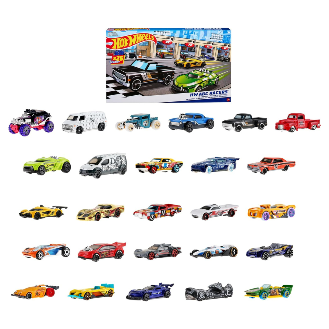 Hot Wheels ABC Racers, Set Of 26 1:64 Scale Toy Cars & Trucks With An Alphabet Letter On Each