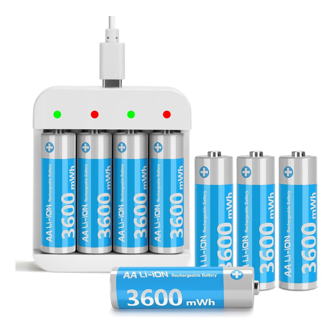 8-Pack Rechargeable Lithium AA Batteries With 2 Hours Fast Charge