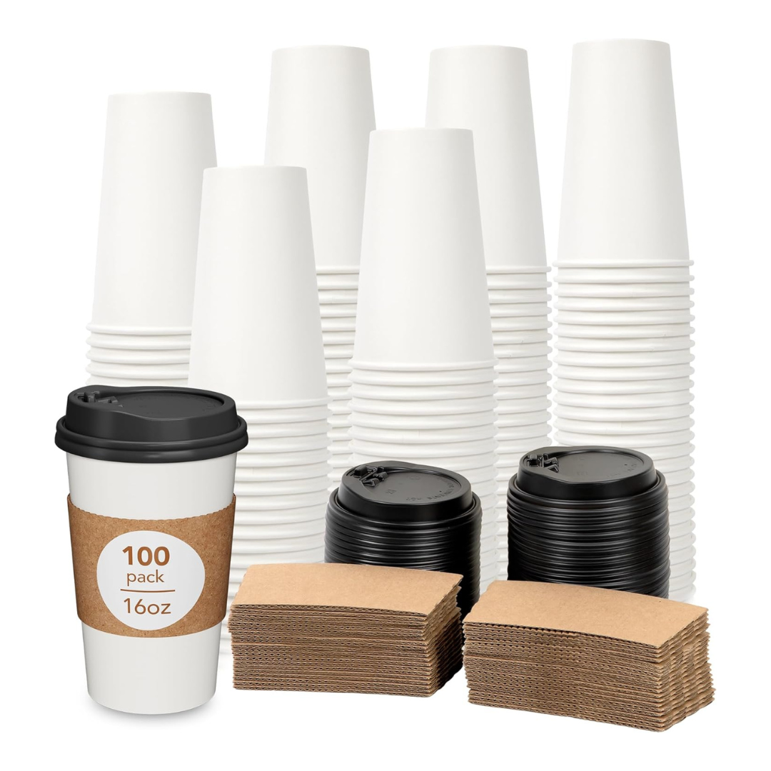 100-Pack DAILYLIFE 16 Oz Disposable Coffee Cups With Lids & Sleeves