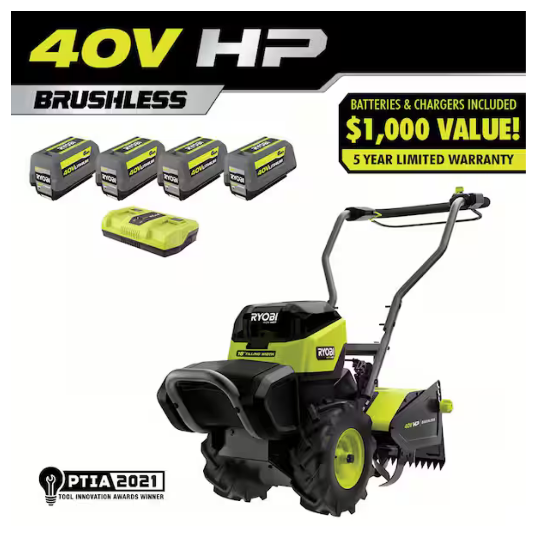 RYOBI 40V HP Brushless 18" Battery Powered Rear Tine Tiller W/ (4) 6.0 Ah Batteries & Charger