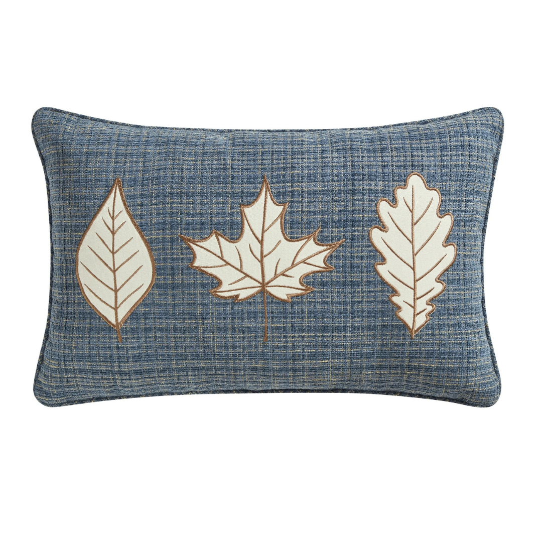 Way to Celebrate 14" x 22" Blue Embroidered Leaves Oblong Decorative Pillow