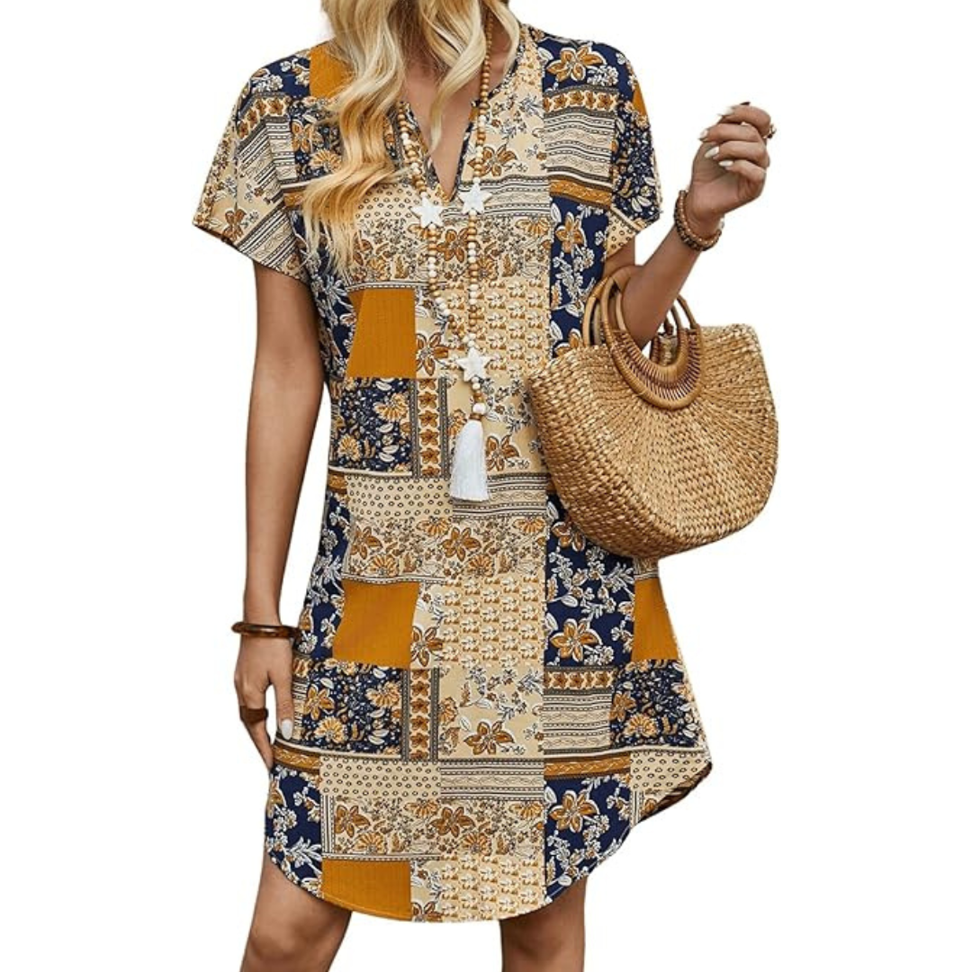 Women's Tropical Boho Short Sleeve Tunic Dress