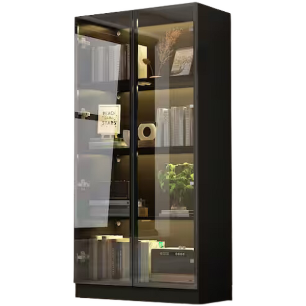 Black Wood Display Cabinet With Tempered Glass Doors & 3-Color LED Lights