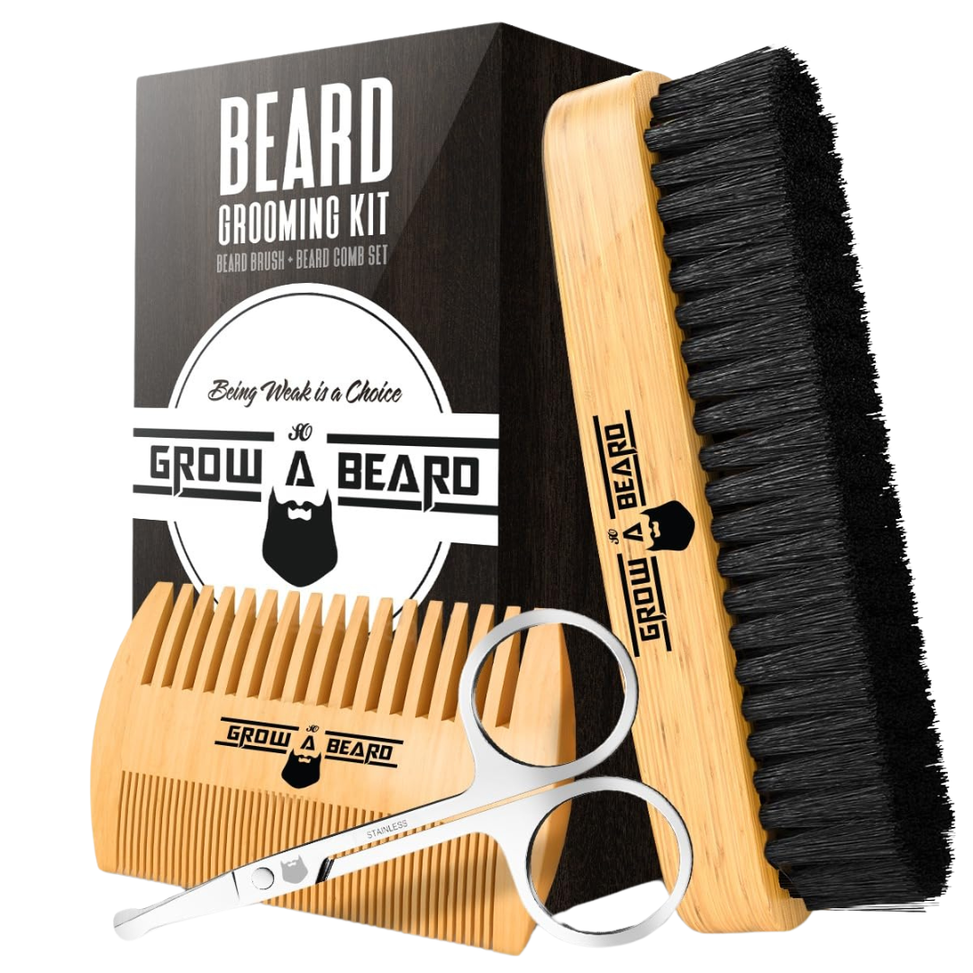 Men's Giveaway Beard Brush, Mustache Scissors & Wood Comb Gift Set