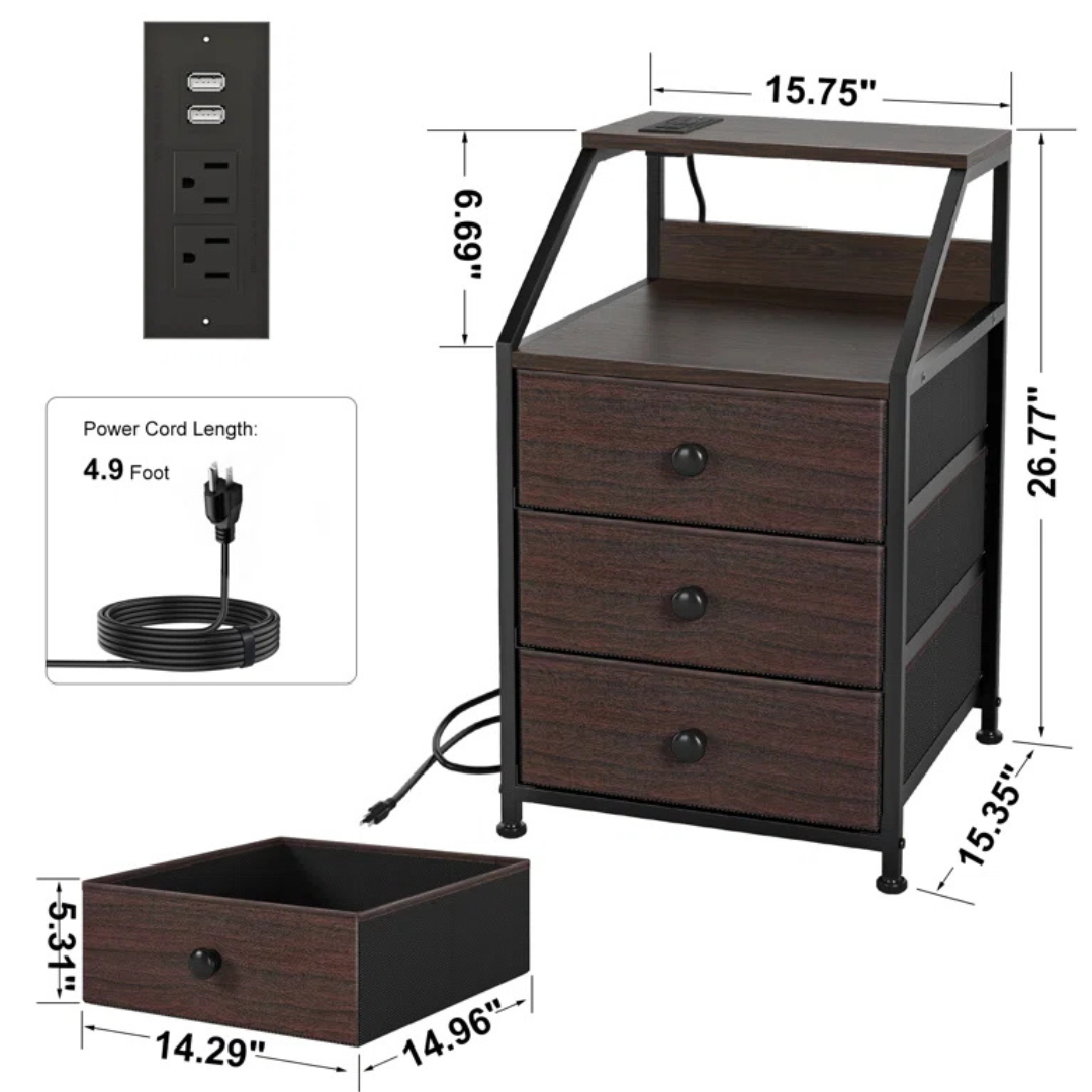 Ebern Designs Sereena Nightstand With 3 Drawers & 2 USB Ports