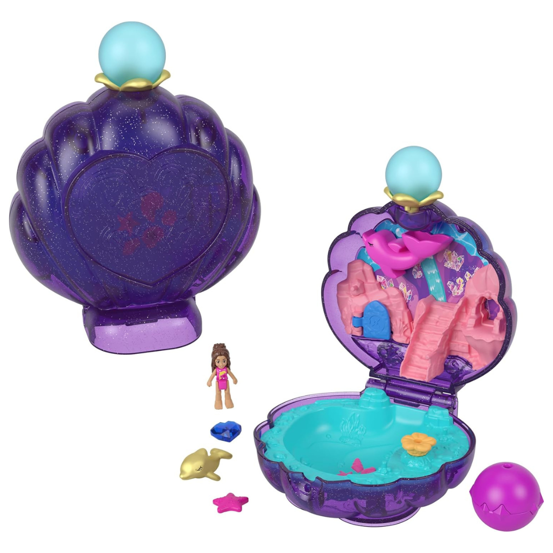 Polly Pocket Dolls & Accessories, Underwater Lagoon Shell Compact With Micro Doll & Ocean Pet, Travel Toy With Water Play