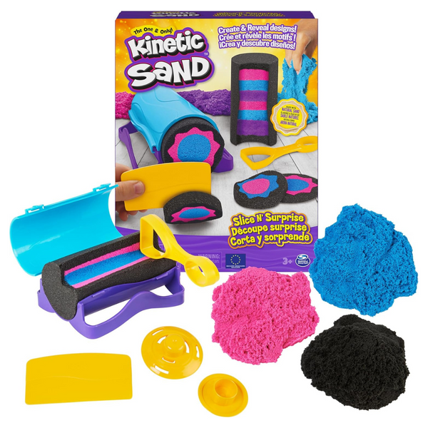 Kinetic Sand, Slice N’ Surprise, 13.5oz Play Sand (Black, Pink & Blue), 7 Tools