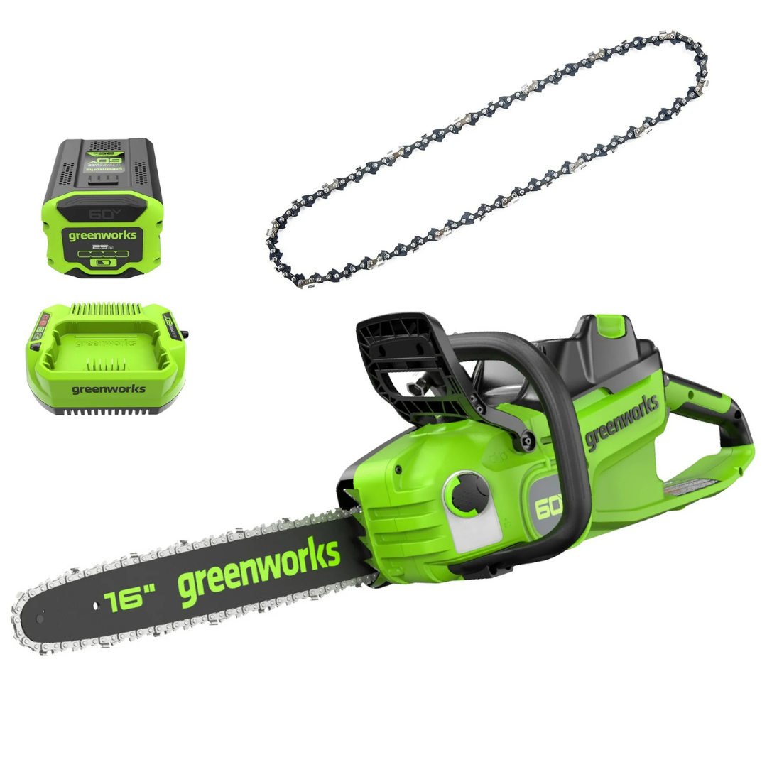 Greenworks 60V 16" 1.5kW Brushless Chainsaw With Battery & Charger + Bonus Chain