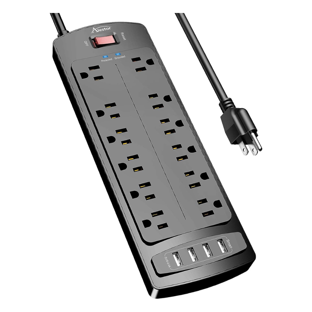 Alestor 12-Outlet 4-USB 6ft Extension Cord Surge Protector