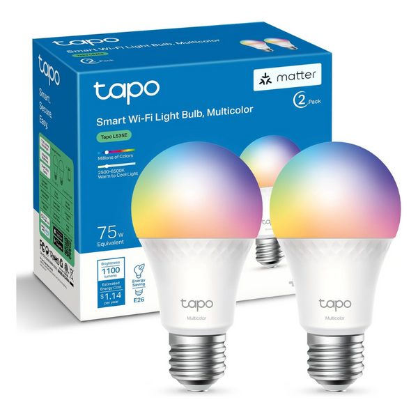 2-Pack TP-Link Tapo A19 E26 RGBW Dimmable Smart WiFi Light Bulb