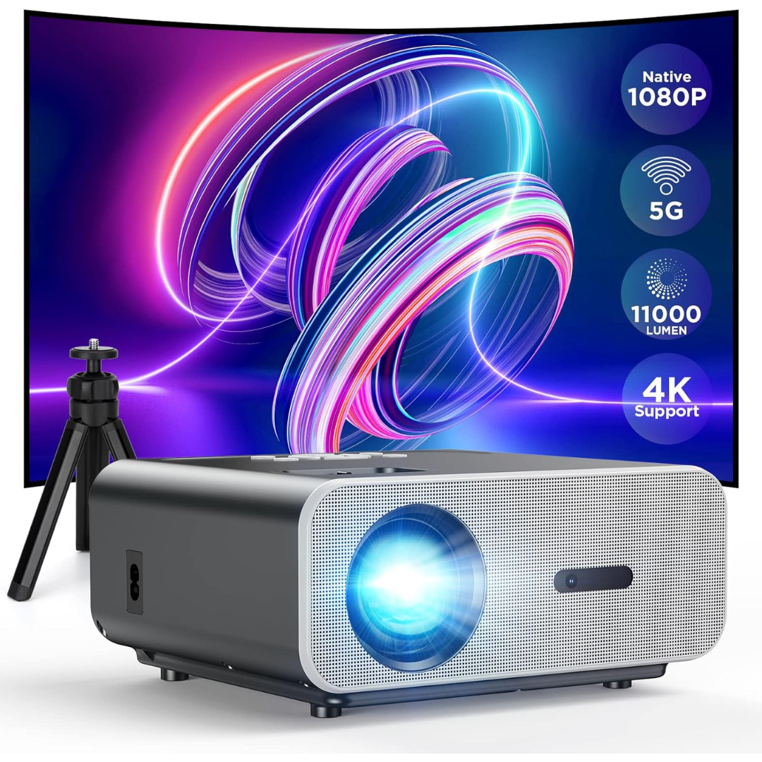 Vacasso 5G Full HD 1080p 11000-Lumens LCD Portable Projector With Tripod