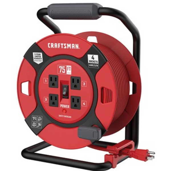 Craftsman 75ft 14AWG SJTW Extension Cord Reel With 4 Outlets & Cable