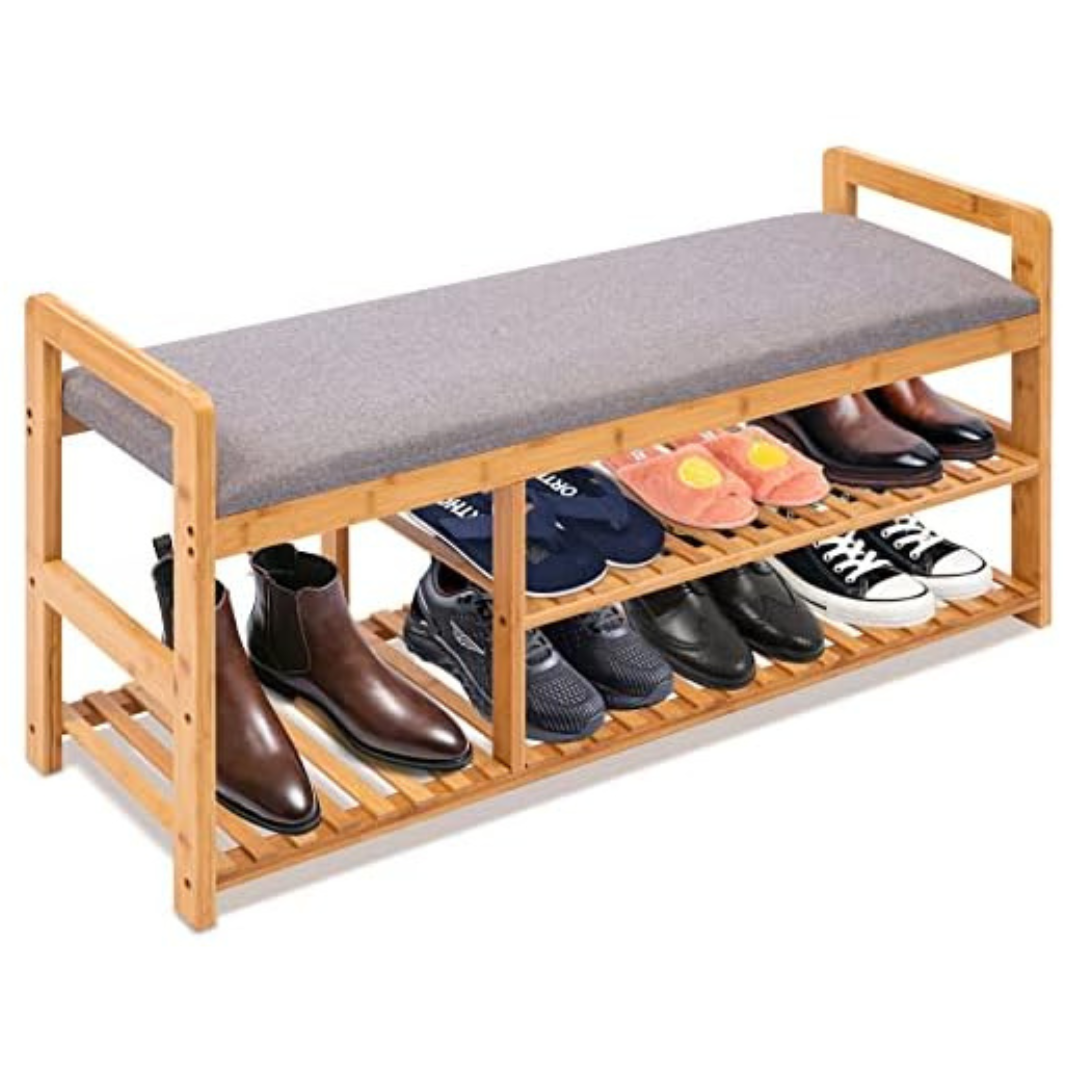 SereneLife 2-in-1 3-Tier Bamboo Shoe Organizer Rack Bench