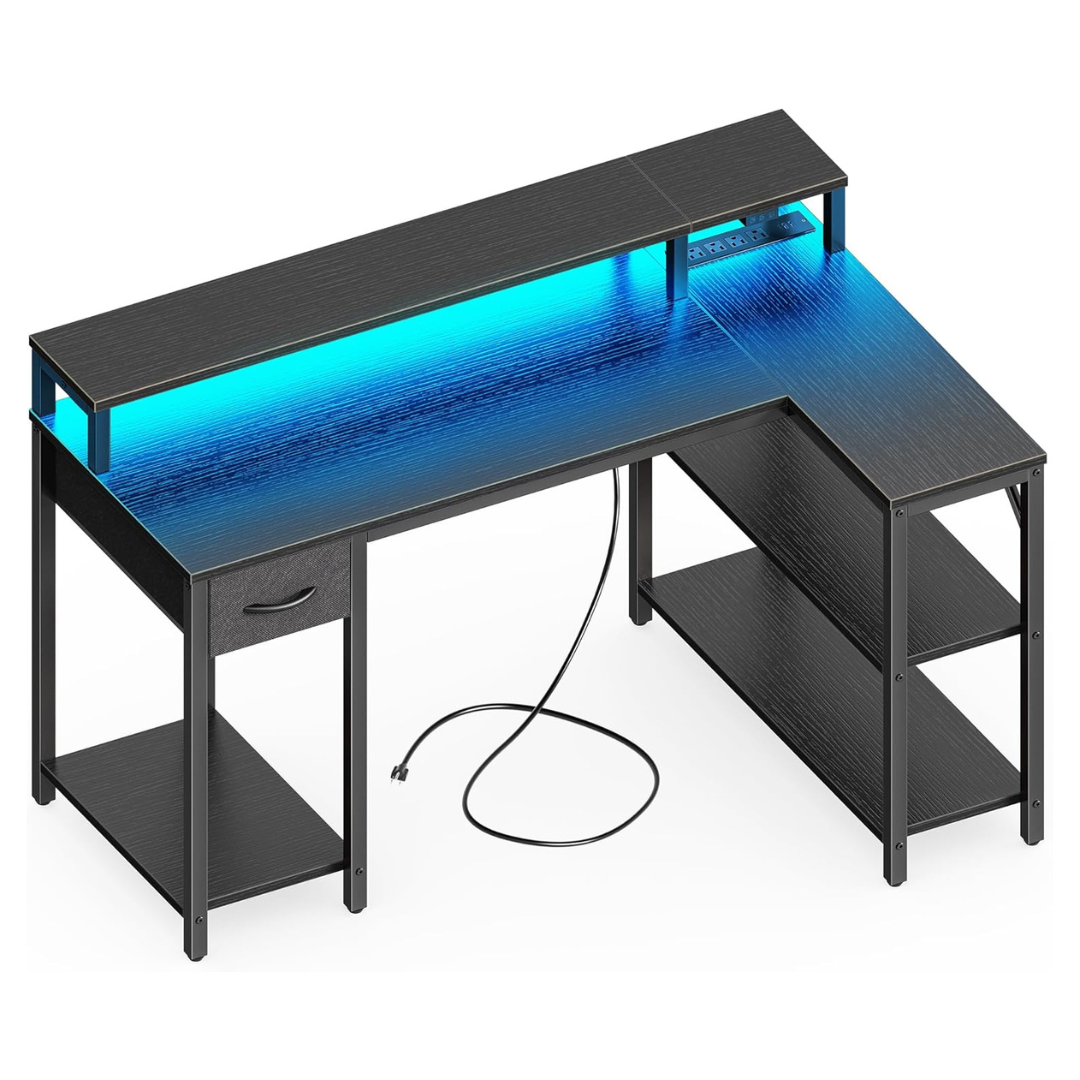 Superjare L Shaped Gaming Desk With LED Lights & Power Outlets