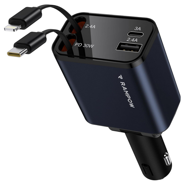 Rampow 65W iPhone 16 4-In-1 Retractable Car Charger Adapter