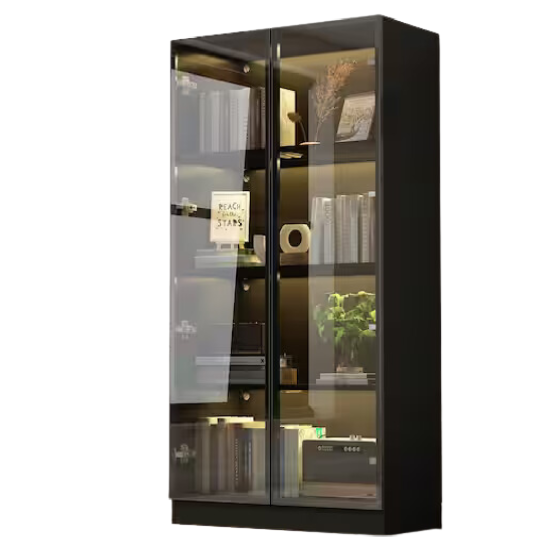 Black Wood Display Cabinet With Tempered Glass Doors & 3-Color LED Lights