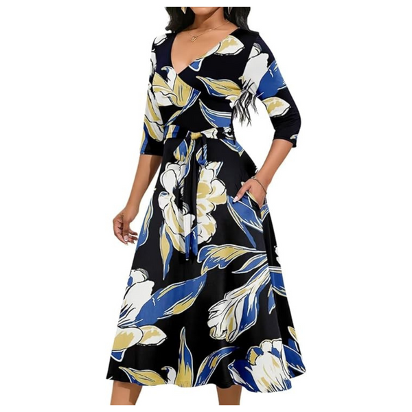 Women's V Neck Slim Fit Floral Midi Dress With Belt (Various)