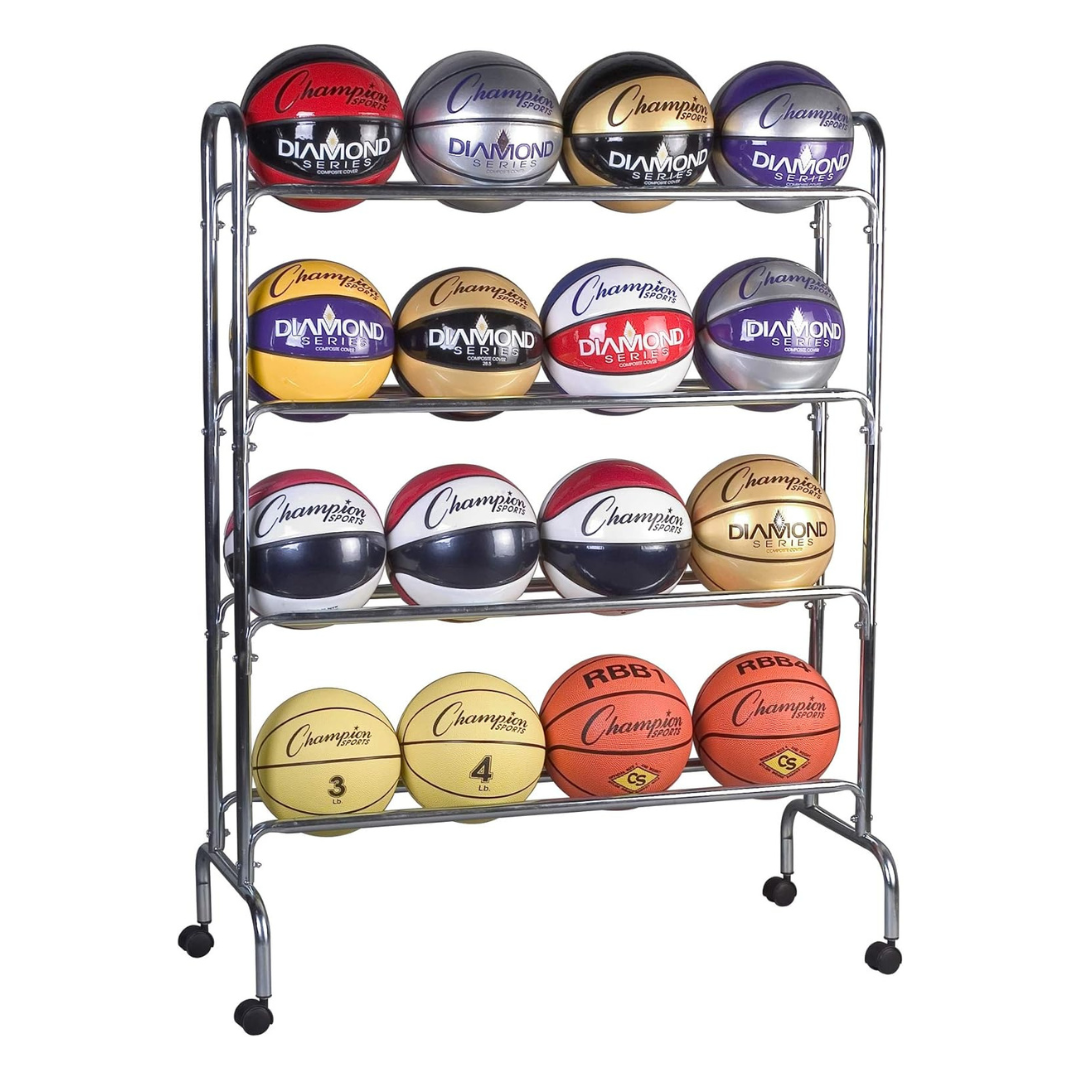 Champion Sports Four Tier Basketball 16 Ball Capacity Storage Cart Rack