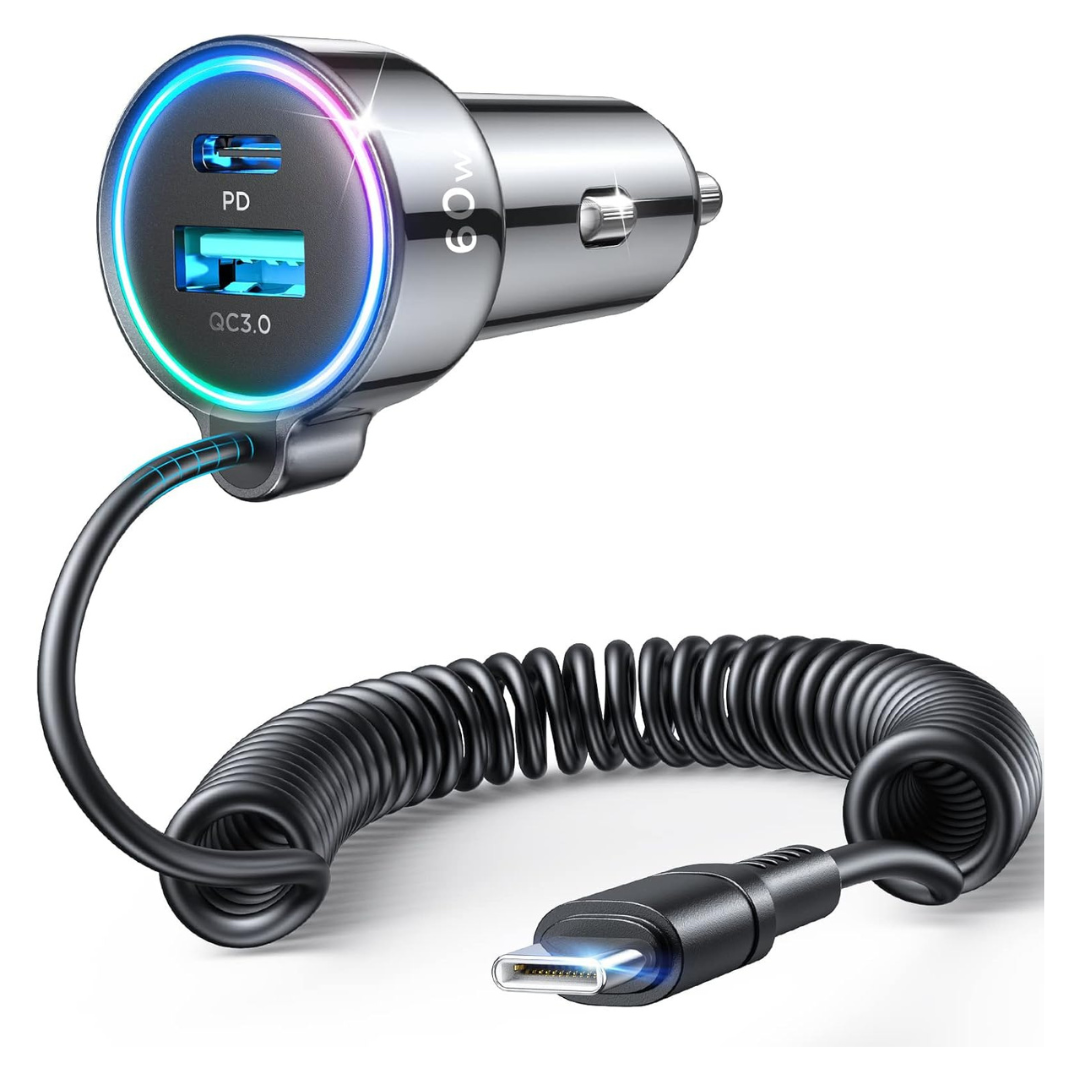 USB C 60W Car Charger With 5 ft 30W Type C Coiled Cable