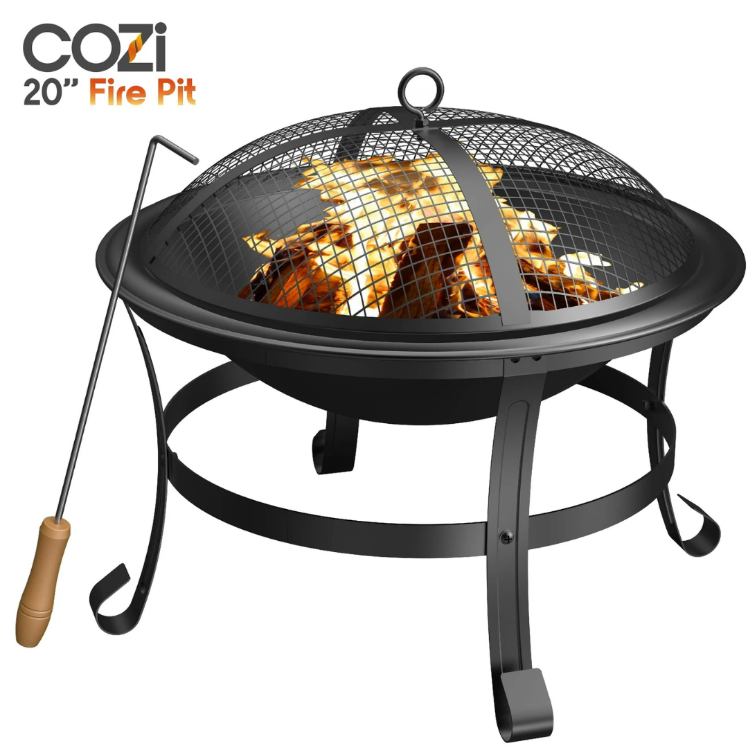 Cozi 20" Wood Burning Fire Pit With Iron Net And Cover Lid